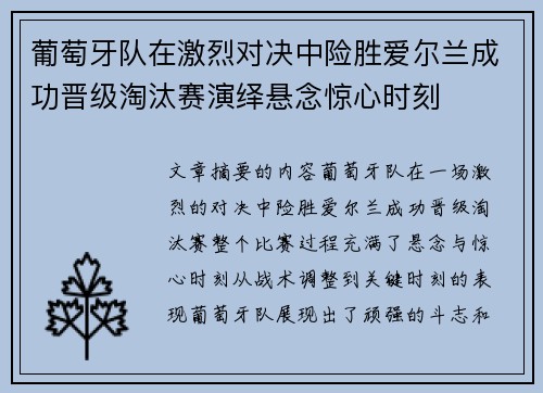 葡萄牙队在激烈对决中险胜爱尔兰成功晋级淘汰赛演绎悬念惊心时刻